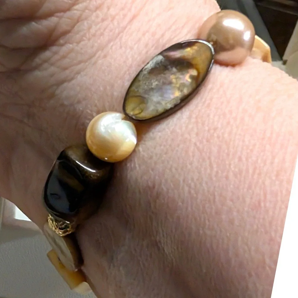 Vintage Tiger Eye Mother of Pearl‎ Stretch Bracelet Brown Earthy Beaded Beads